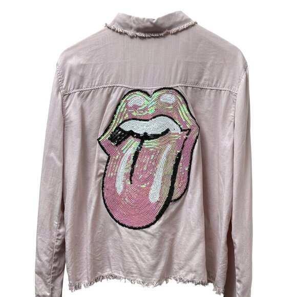 Sojara Shirt Rolling Stones Pink Sequin Tongue M/L Long Sleeve Rocker Top - Picture 1 of 12